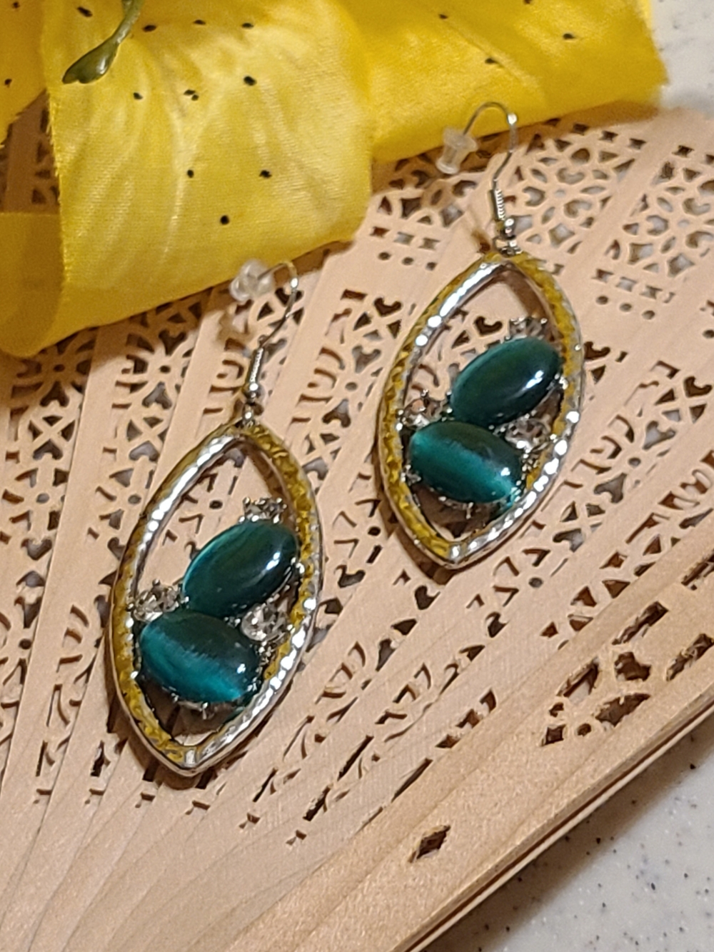 Vintage Teardrop Earrings with Green Stones and Yellow Accents - Women Jewelry